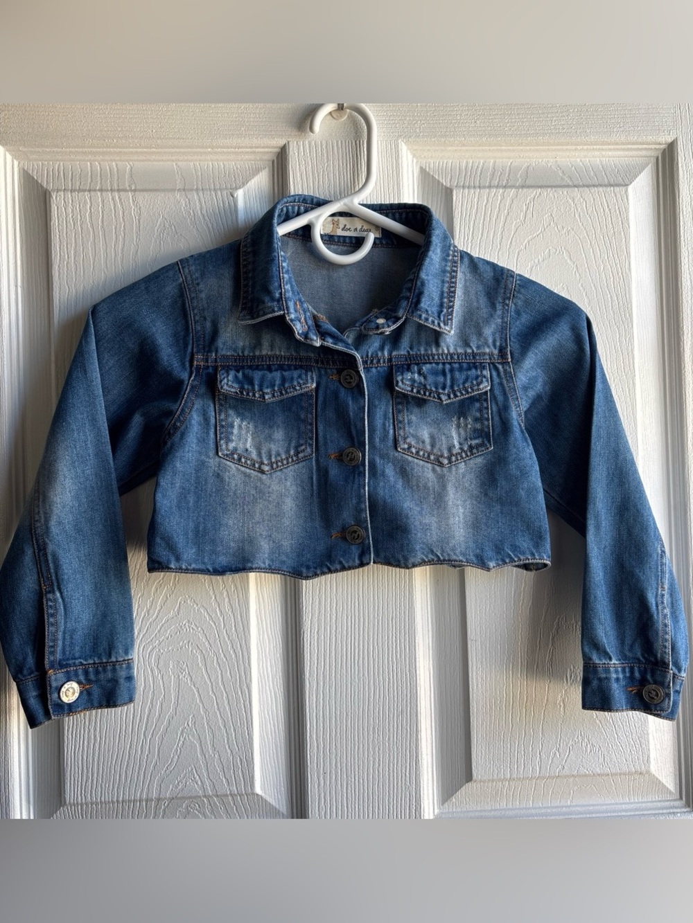 🦌Doe a Dear Kids Blue Denim Cropped Button Jacket Long Sleeve Size S